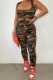 Deep Coffee Street Camouflage Print Hollowed Out Patchwork Boat Neck Sleeveless Two Pieces