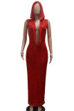 Red Sexy Solid Patchwork See-through Backless V Neck Long Dresses