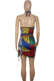 Multicolor Sexy Print Hollowed Out Patchwork Draw String Halter Wrapped Skirt Dresses