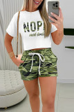Green Casual Print Patchwork Draw String Pocket O Neck Short Sleeve Two Pieces