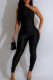 Black Street Solid Patchwork Oblique Collar Skinny Jumpsuits