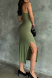 Army Green Elegant Solid Patchwork High Opening Oblique Collar Long Dresses