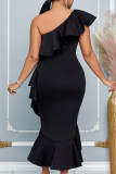 Black Elegant Solid Patchwork Flounce Oblique Collar Trumpet Mermaid Dresses