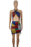 Multicolor Sexy Print Hollowed Out Patchwork Draw String Halter Wrapped Skirt Dresses