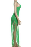 Green Sexy Solid Tassel Hollowed Out Patchwork Spaghetti Strap Sling Dresses