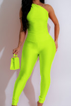 Fluorescent Green Street Solid Patchwork Oblique Collar Skinny Jumpsuits