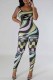 Green Street Print Letter Spaghetti Strap Jumpsuits