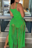 Green Sexy Solid Tassel Hollowed Out Patchwork Spaghetti Strap Sling Dresses