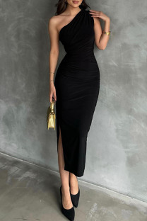 Black Elegant Solid Patchwork High Opening Oblique Collar Long Dresses