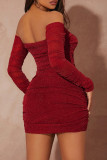 Burgundy Sexy Solid Patchwork Fold Bright Silk Off the Shoulder Wrapped Skirt Dresses