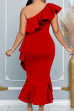 Red Elegant Solid Patchwork Flounce Oblique Collar Trumpet Mermaid Dresses