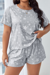 Light Gray Casual The stars Patchwork O Neck Plus Size Two Pieces