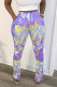 violet Casual Print Patchwork Draw String Fold Skinny High Waist Pencil Full Print Bottoms