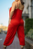 Red Street Solid Patchwork Spaghetti Strap Plus Size Jumpsuits