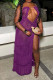 Purple Elegant Print Hollowed Out Patchwork See-through High Opening Mesh Spaghetti Strap Sling Dresses