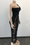 Black Elegant Solid Bandage Hollowed Out Patchwork Oblique Collar Wrapped Skirt Dresses