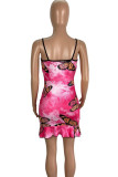 Pink Casual Print Patchwork Draw String Backless Spaghetti Strap Sling Dresses