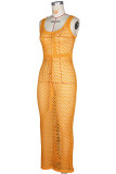 Orange Sexy Celebrities Solid Bandage Hollowed Out Patchwork Slit Swimwears Cover Up