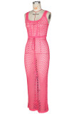 Rose Red Sexy Celebrities Solid Bandage Hollowed Out Patchwork Slit Swimwears Cover Up