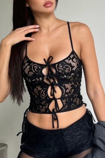 Black Street Solid Lace Bandage Patchwork See-through Spaghetti Strap Tops