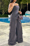 Grey Street Solid Patchwork Pocket Spaghetti Strap Loose Jumpsuits