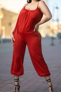Red Street Solid Patchwork Spaghetti Strap Plus Size Jumpsuits