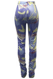 violet Casual Print Patchwork Draw String Fold Skinny High Waist Pencil Full Print Bottoms