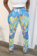Sky Blue Casual Print Patchwork Draw String Fold Skinny High Waist Pencil Full Print Bottoms
