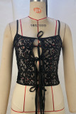 Black Street Solid Lace Bandage Patchwork See-through Spaghetti Strap Tops