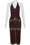Red Street Striped Bandage Patchwork See-through Backless V Neck Wrapped Skirt Dresses