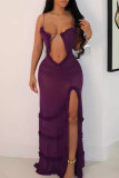 Purple Elegant Print Hollowed Out Patchwork See-through High Opening Mesh Spaghetti Strap Sling Dresses
