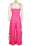 Rose Red Street Solid Patchwork Pocket Spaghetti Strap Loose Jumpsuits
