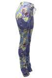 violet Casual Print Patchwork Draw String Fold Skinny High Waist Pencil Full Print Bottoms