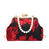 Black Red Vintage Elegant Flowers Pearl Fold Bags