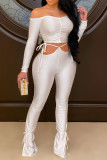 White Sexy Solid Bandage Patchwork Fold Bateau Neck Long Sleeve Two Pieces