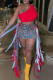 Red Celebrities Print Tassel Patchwork Oblique Collar Sleeveless Two Pieces