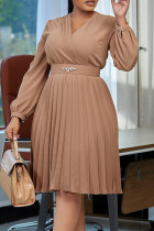 Khaki Elegant Solid Patchwork Pleated A Line Dresses