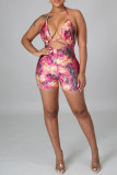 Red Sexy Print Bandage Patchwork Backless Halter Skinny Rompers