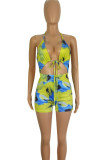Blue Yellow Sexy Print Bandage Patchwork Backless Halter Skinny Rompers