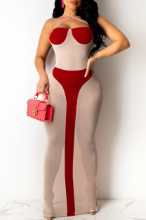 Red Sexy Bandage Hollowed Out Patchwork Backless Halter Long Dresses