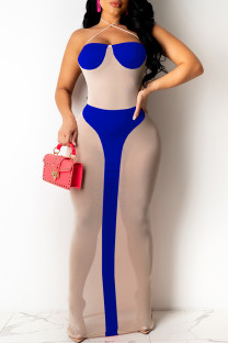 Blue Sexy Bandage Hollowed Out Patchwork Backless Halter Long Dresses