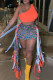 Orange Celebrities Print Tassel Patchwork Oblique Collar Sleeveless Two Pieces