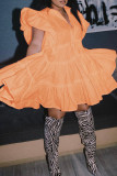 Tangerine Sweet Solid Patchwork Buckle Fold Shirt Collar Cake Skirt Dresses
