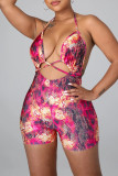 Red Sexy Print Bandage Patchwork Backless Halter Skinny Rompers