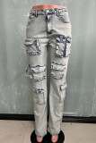 Baby Blue Casual Solid Patchwork Pocket Buttons Zipper Mid Waist Straight Denim Jeans