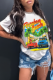 White Casual Print Patchwork O Neck T-Shirts