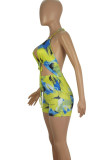 Blue Yellow Sexy Print Bandage Patchwork Backless Halter Skinny Rompers