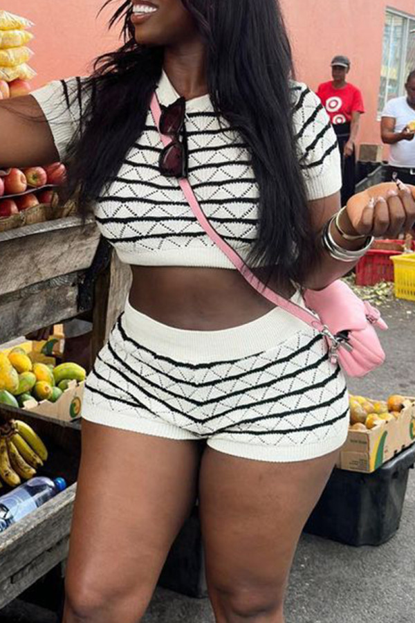 White Casual Striped Patchwork O Neck Short Sleeve Two Pieces