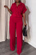 Red Sweet Solid Patchwork Pocket Buckle Shirt Collar Short Sleeve Two Pieces