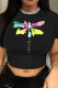 Black Casual Print Patchwork O Neck T-Shirts
